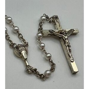 Vintage RR Robyn Rush Pearl Rosary Beads Silver Crucifix Jesus Religious Jewelry